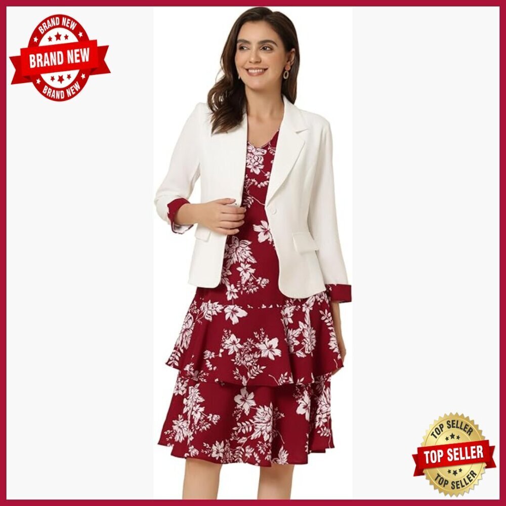 Floral Print Chiffon 2-Piece Suit Set V-Neck Dress with Jacket
